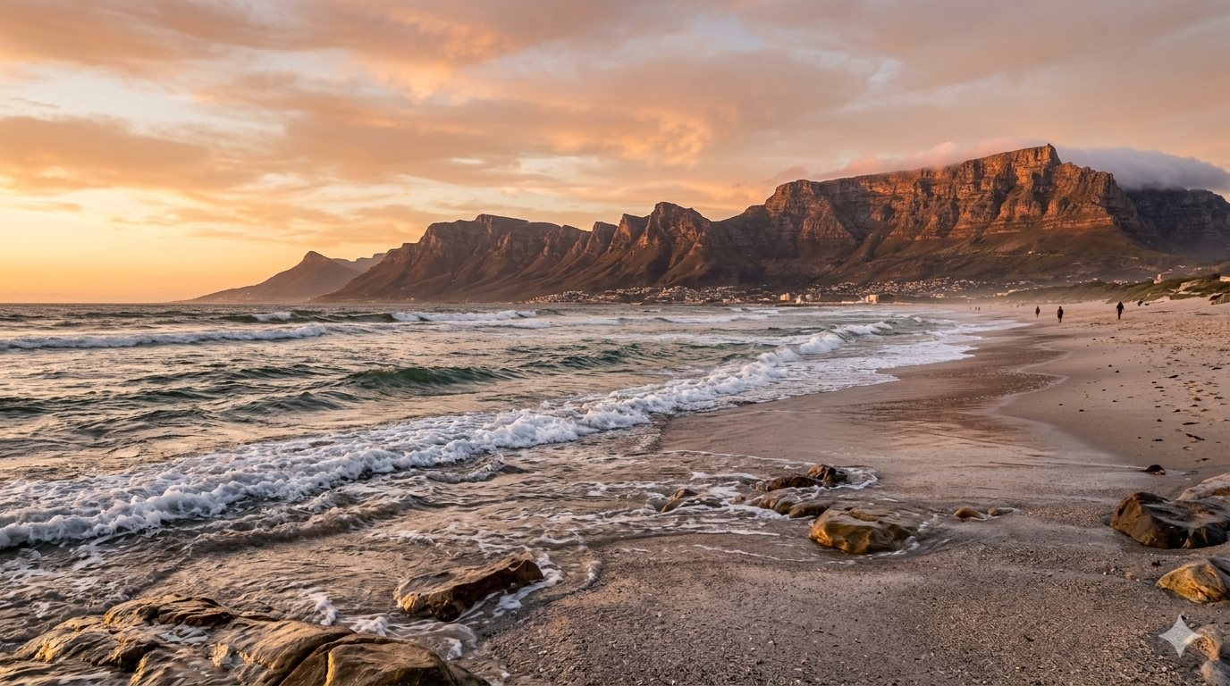 Tafelberg und Kapstadt vom Bloubergstrand aus – Südafrika Luxusreise mit Jacana Tours.
